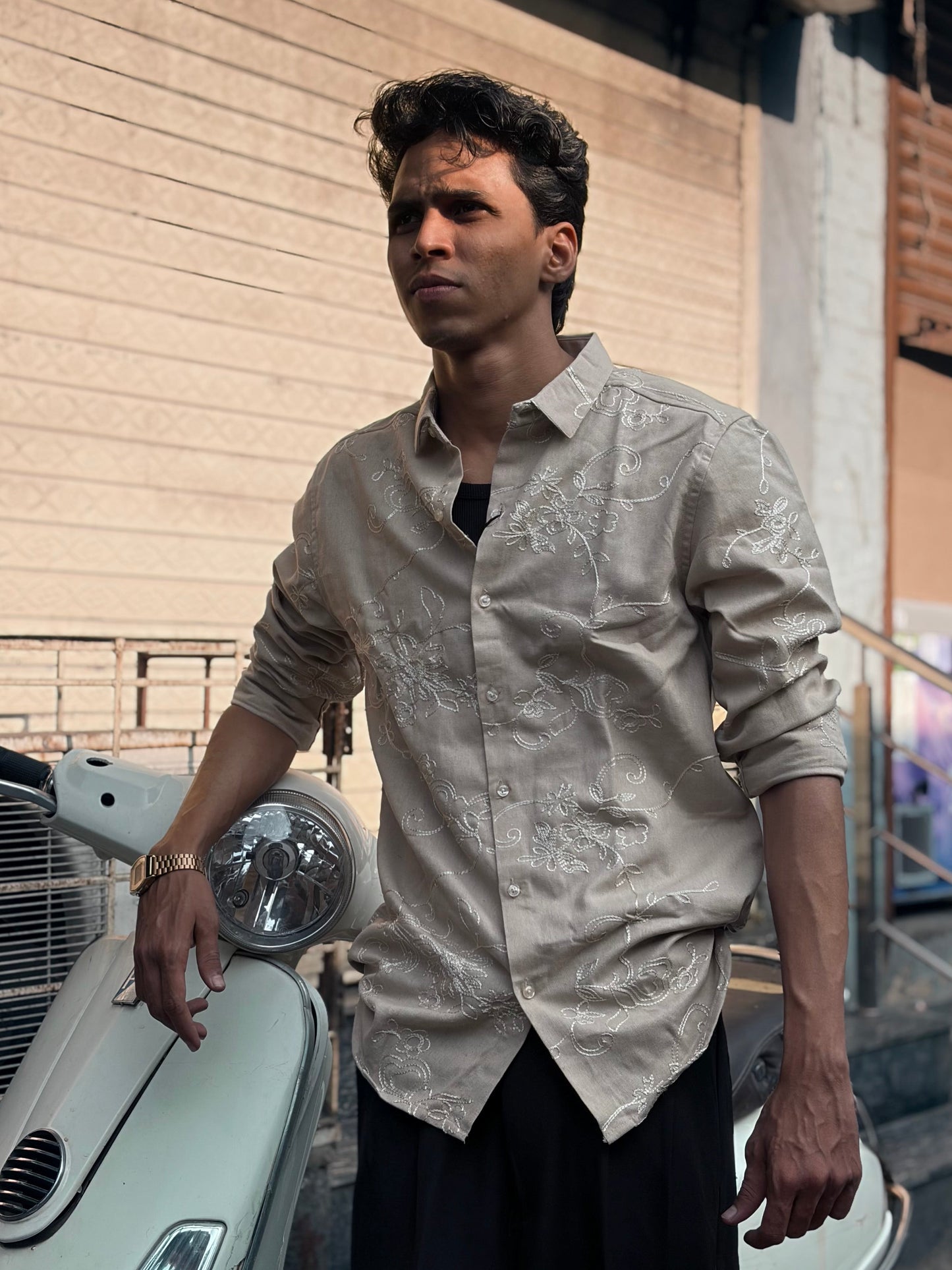 Khaki Brown Premium Floral Linen