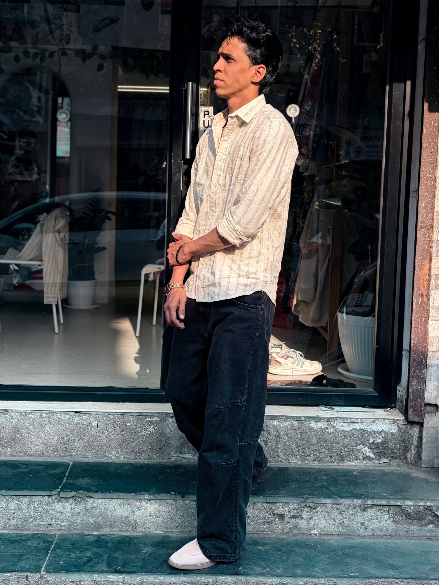Beige Embroidery stripe shirts