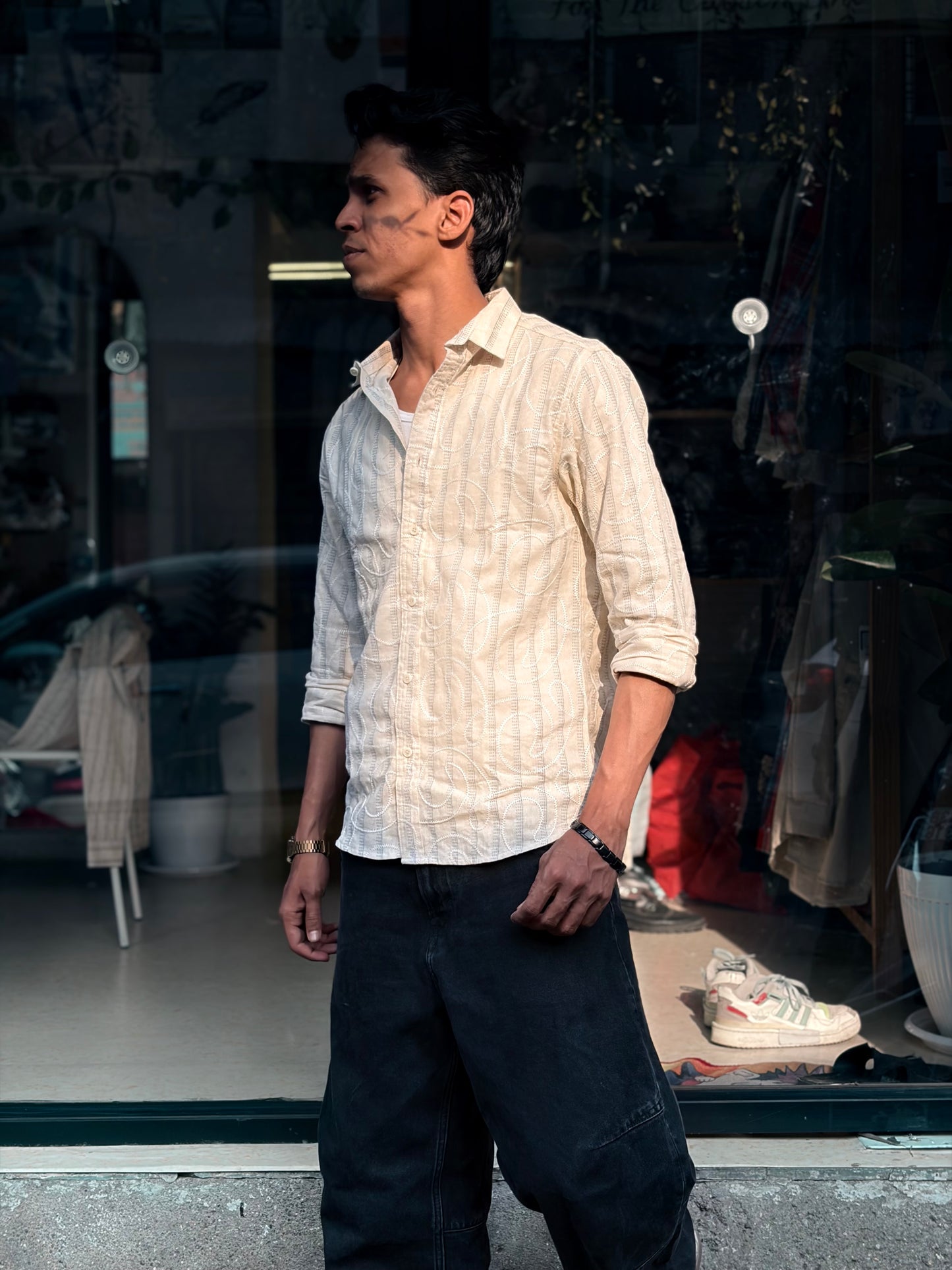 Beige Embroidery stripe shirts